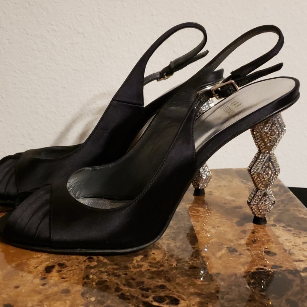 Stuart Weitzman Black satin rhinestone heels